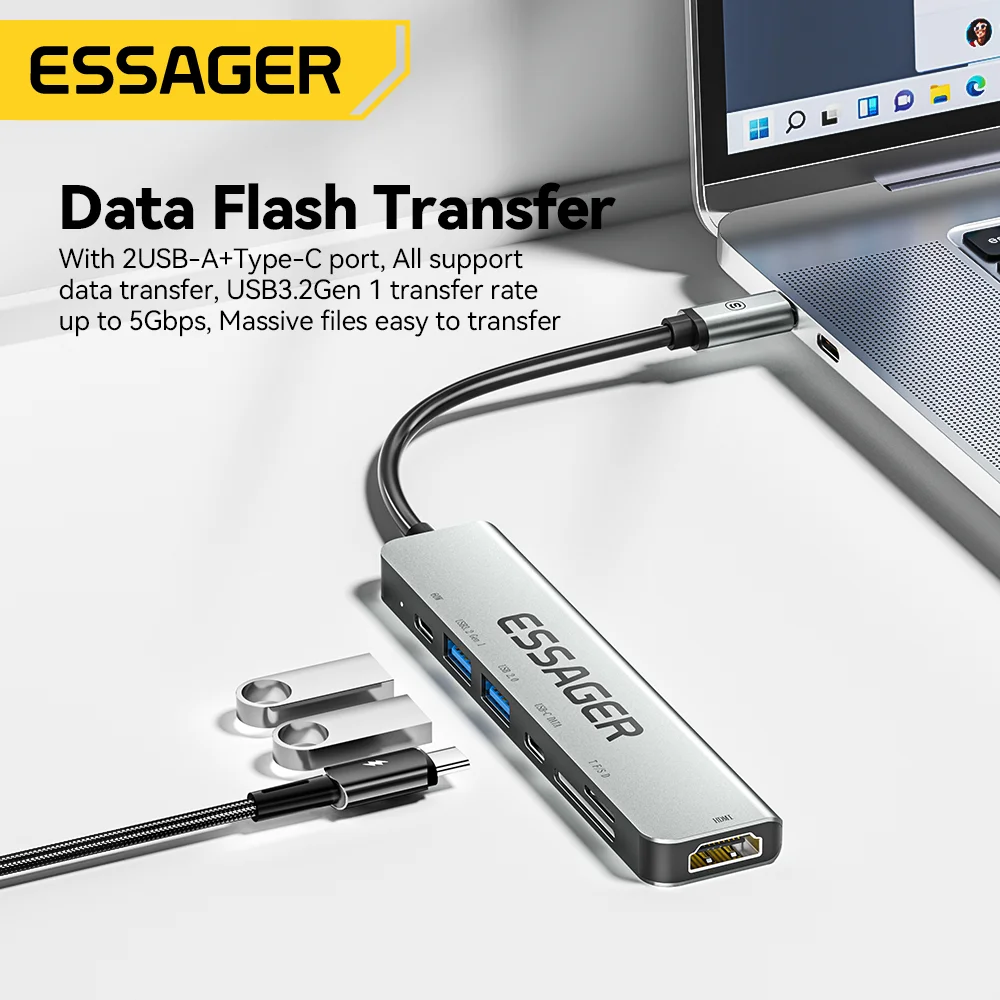 Essager 7 In 1 USB Type C Hub PD60W Fast Charging Splitter Laptop HDMI High Speed Splitter 5Gbps for PC USB 3.2 Gen1 2.0 Ports