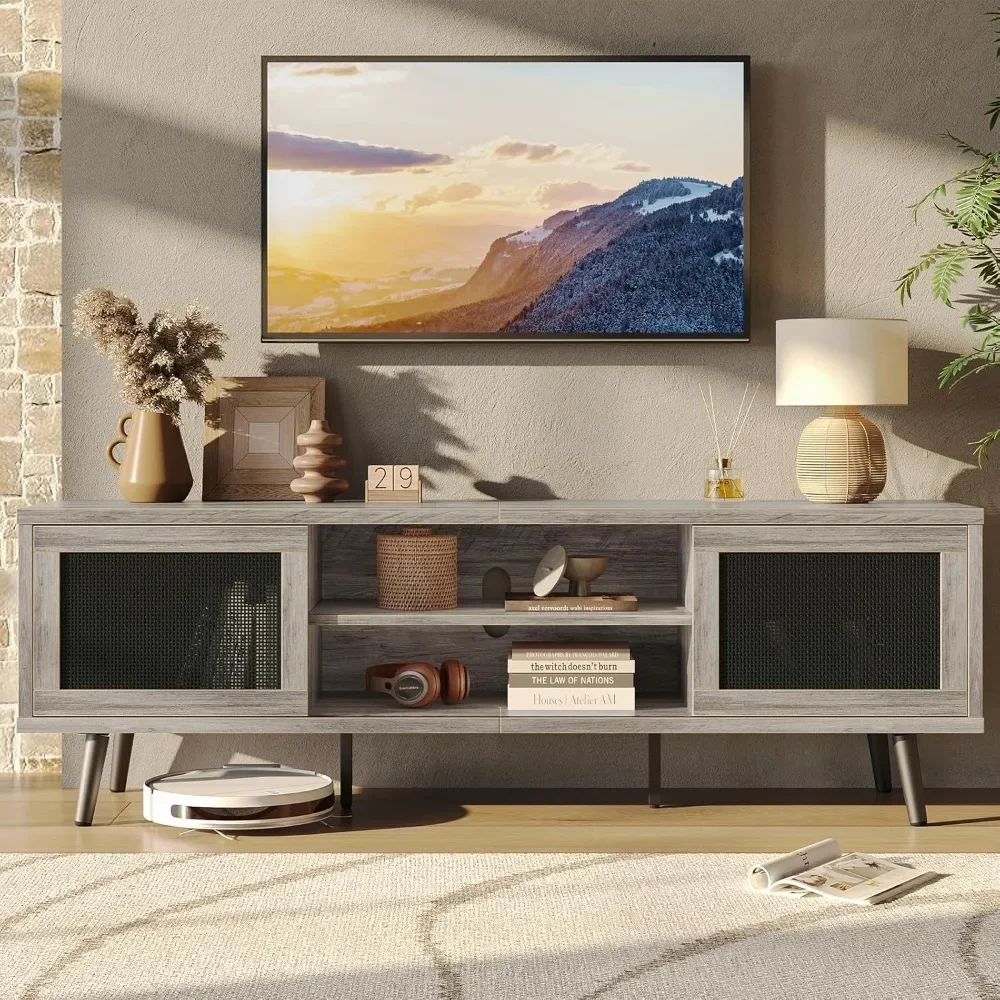 Rattan TV Stand for TVs up to 75 Inch 63’’ Media Console with Sliding Doors Entertainment Center with Storage