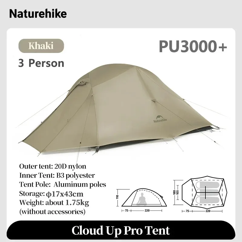 Naturehike Cloud Up PRO Zelt Camping 3-Personen-Zelt Outdoor Reise 20D Wasserdichtes Ultraleichtes Rucksackzelt Trekking Wandern