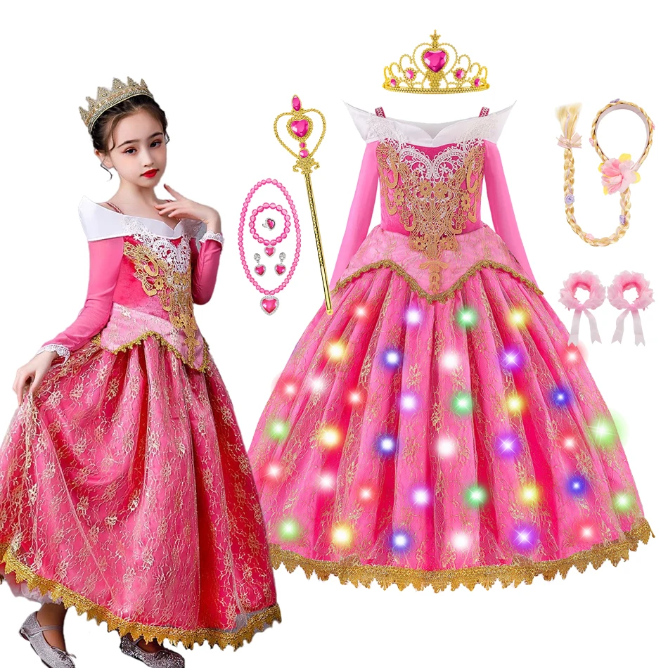 Deluxe Dornröschen-Kostüm für Mädchen, Prinzessinnenkleid, rosa Ballkleid mit Accessoires, als Geburtstagsgeschenk, Halloween-Verkleidung
