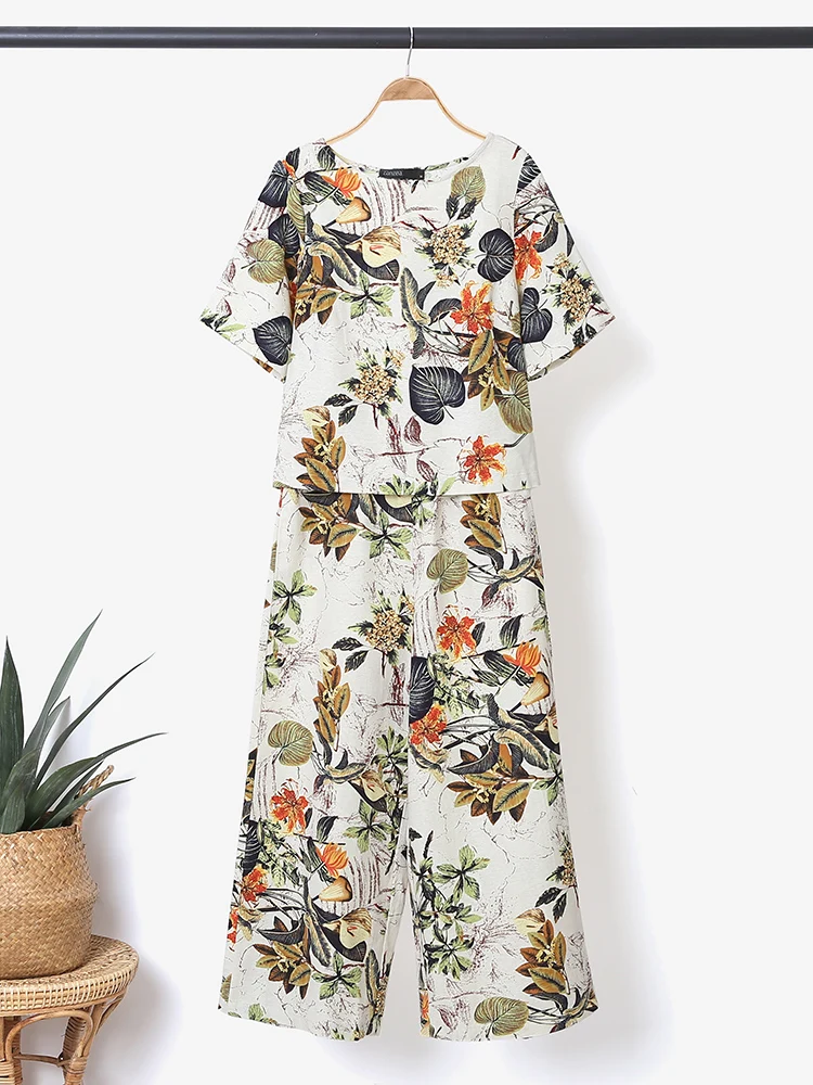 

ZANZEA 2PCS Summer Floral Printed Tracksuits Women Vintage Matching Sets 2025 Casual Short Sleeve Blouse Pant Sets Loose Outfits