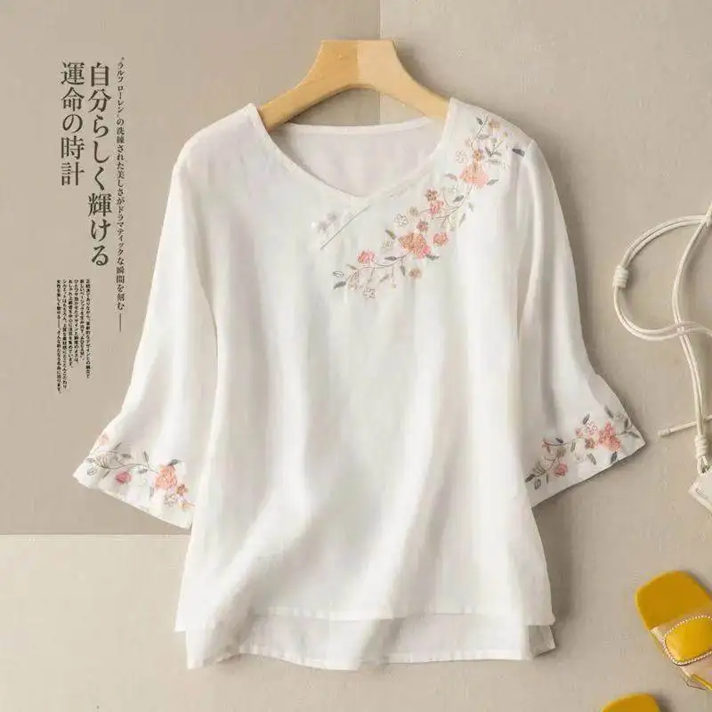 Traditional Chinese Clothing Tang Suit Women Cotton Linen Embroidered Button Loose Blouse Summer Tshirts Hanfu Tops CN-290