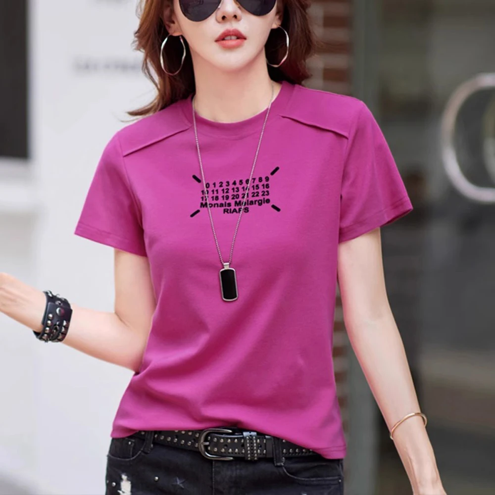Rose purple pure cotton short sleeved T-shirt for women's summer new high-end plus size letter printed loose casual clothing