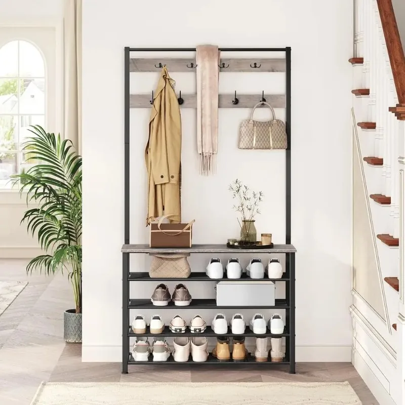 39.4 Entryway Hall Tree with Bench, 5-Tier Shoe Rack, 9 Hooks Organizer in Greige and Black