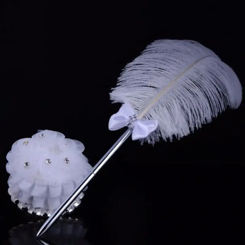 1Pc White Long Ostrich Feather Quill Rhinestone For Wedding Guest Book Signing Pen