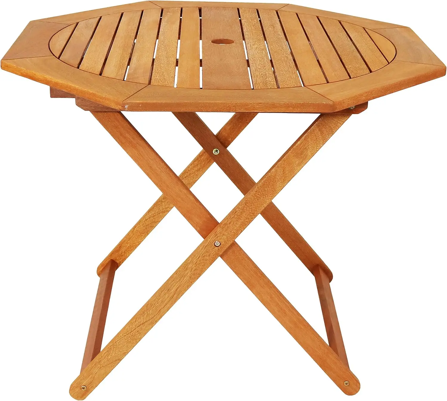 Meranti Wood Folding Outdoor Table, Octagon Patio Dining Desk With Umbrella Hole For Backyard Porch Garden Poolside, Portable Weather Resistant Furniture, Natural Teak Brown, One Piece