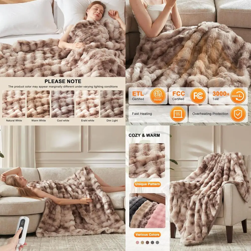 

Twin Size Plush Bubble Faux Fur Electric Blanket with 6 Heat Settings and 10-Hour Auto-Off, 62x84, Patterned Taupe