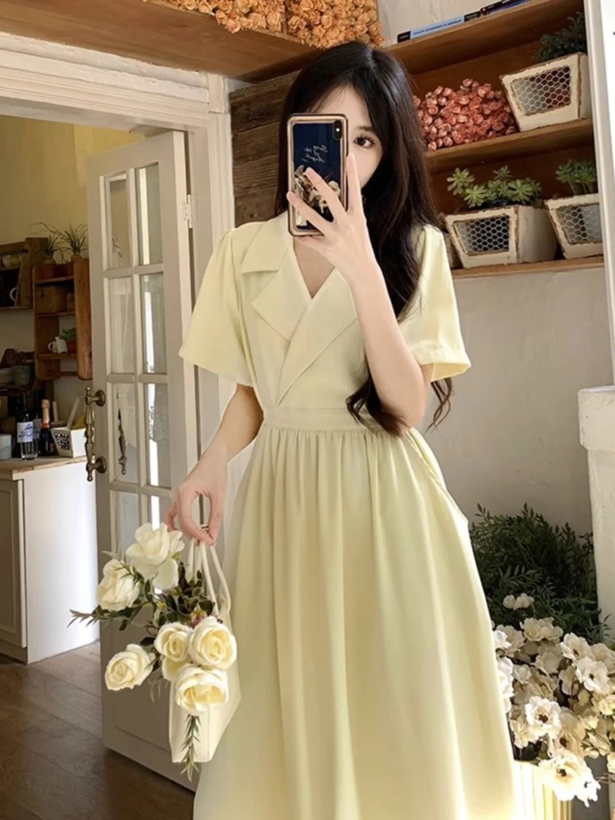 

Elegant plus Size Korean Style Dress Women's Summer New Waist-Cinching Long Skirt Suit Jacket Collar Mid-Length Dress