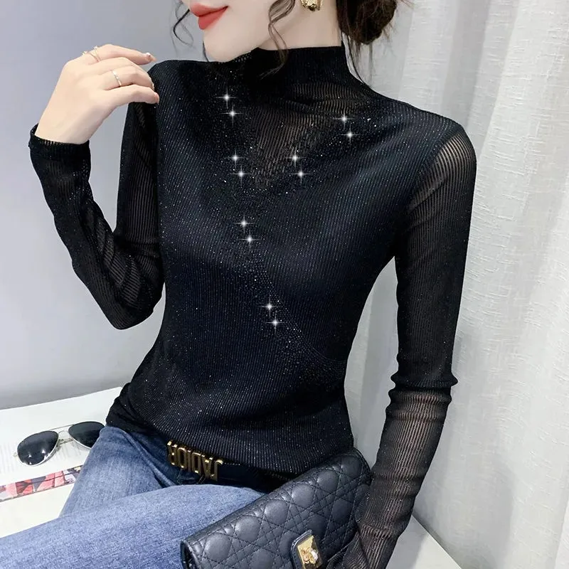

Half Turtleneck Western-style Mesh Women's Long-sleeved Autumn Winter Inner Wear New Versatile Temperament Hot Diamond T-shirt