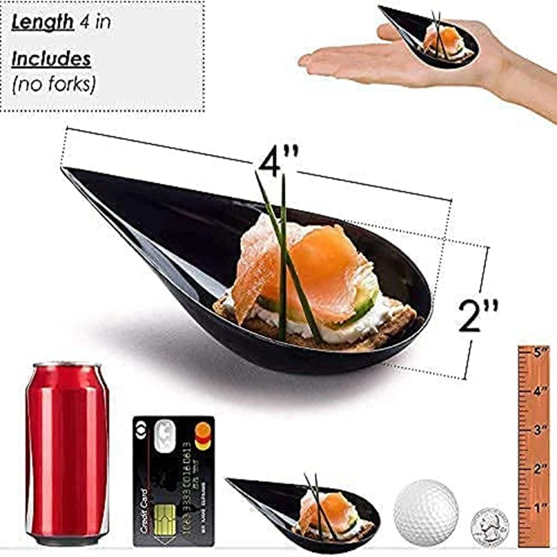 100 Tear Drop Mini Appetizer Plates - Mini Dessert Plates Tasting Spoons Plastic Mini Spoons Dessert Spoon Bowls, Black