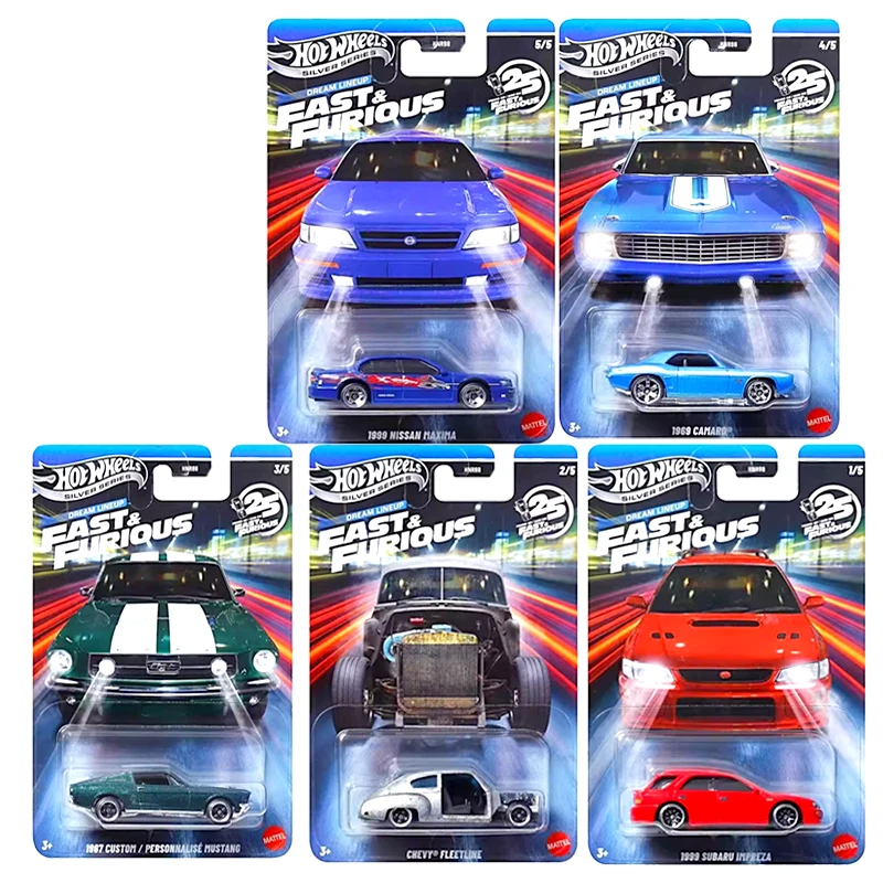 Modelo de coche Original Hot Wheels 25th Fast & Furious Silver Series Chevy Nissan Maxima Camaro Mustang Subaru, juguetes para niños, carrito de coche, 1:64