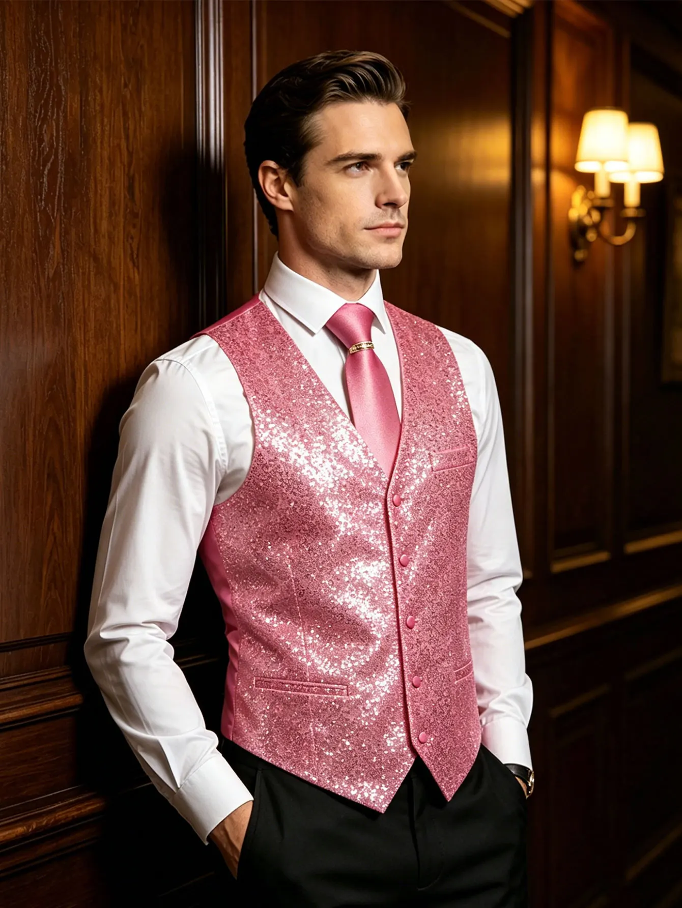 

Eye-catching Sequin V-neck Waistcoat and Tie Combo Prom Clubwear Essential