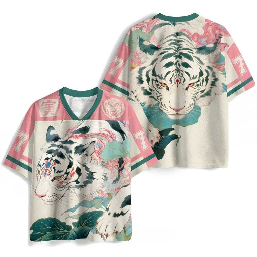 2026 New Mysterious Ukiyo-e Lotus Leaf Tiger Art Mesh Jersey for Adults and Children, V-neck T-shirt