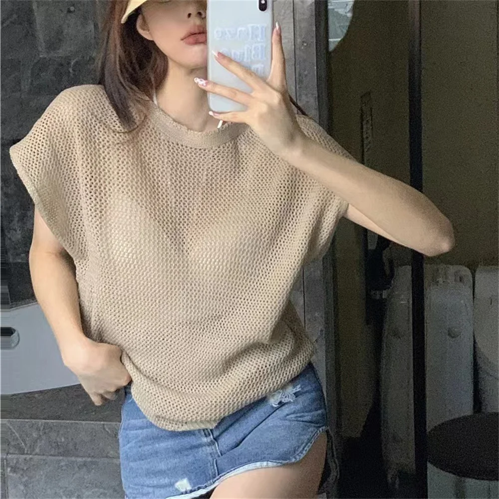 

Свободный вязаный пуловер с короткими рукавами, топы, ажурный свитер, летняя тонкая одежда больших размеров для женщин, с круглым вырезом