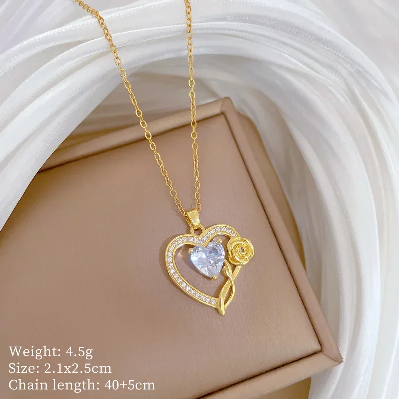 Love Heart Rose Luxury Zircon Pendant Necklace Women's Versatile Clavicle Chain Titanium Steel