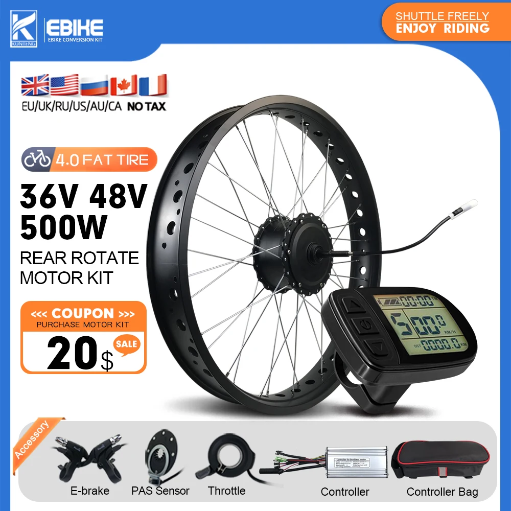 

Electric Bike 36V48V 500W Rear Rotate Fat Tire Hub Motor Wheel 20 26 inch 4.0 Fork Size 170mm For Snow Bike Conversion kit