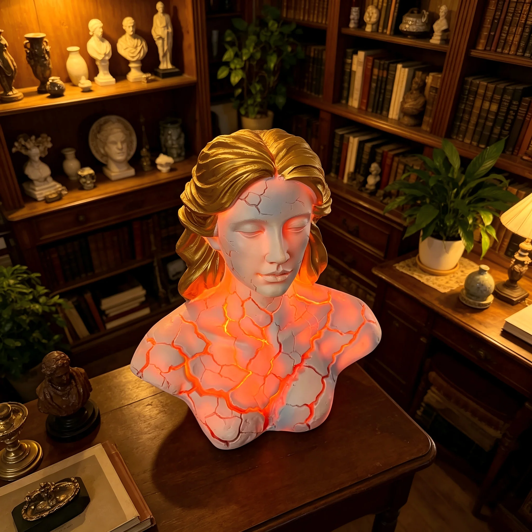 Aesthetic Cracked Woman LED Lamp Resin Sculpture Lava Glow Bust Statue Home Bedroom Decor - view 6