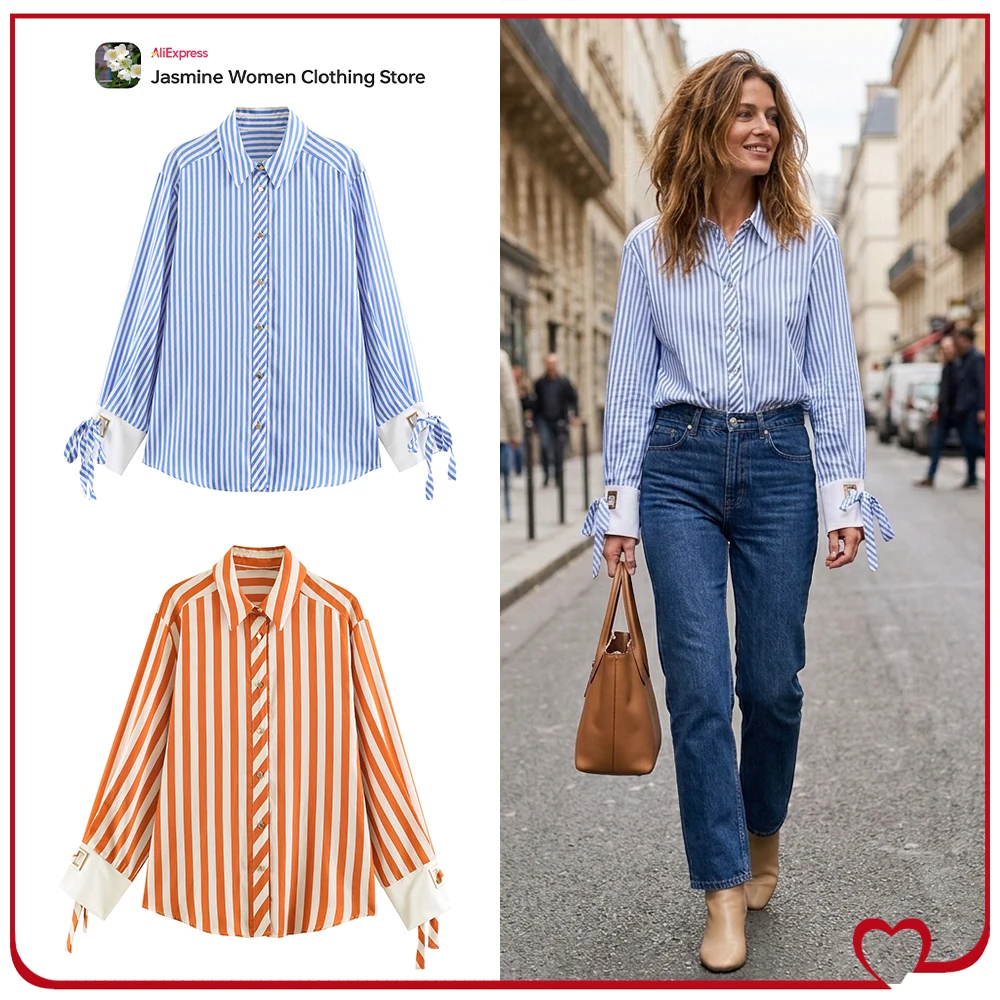 

New in Spring & Autumn Bow Trim Striped Shirts for Women Casual Lapel Collar Long Sleeve Gold Button Shirts with Adjustable Cuff