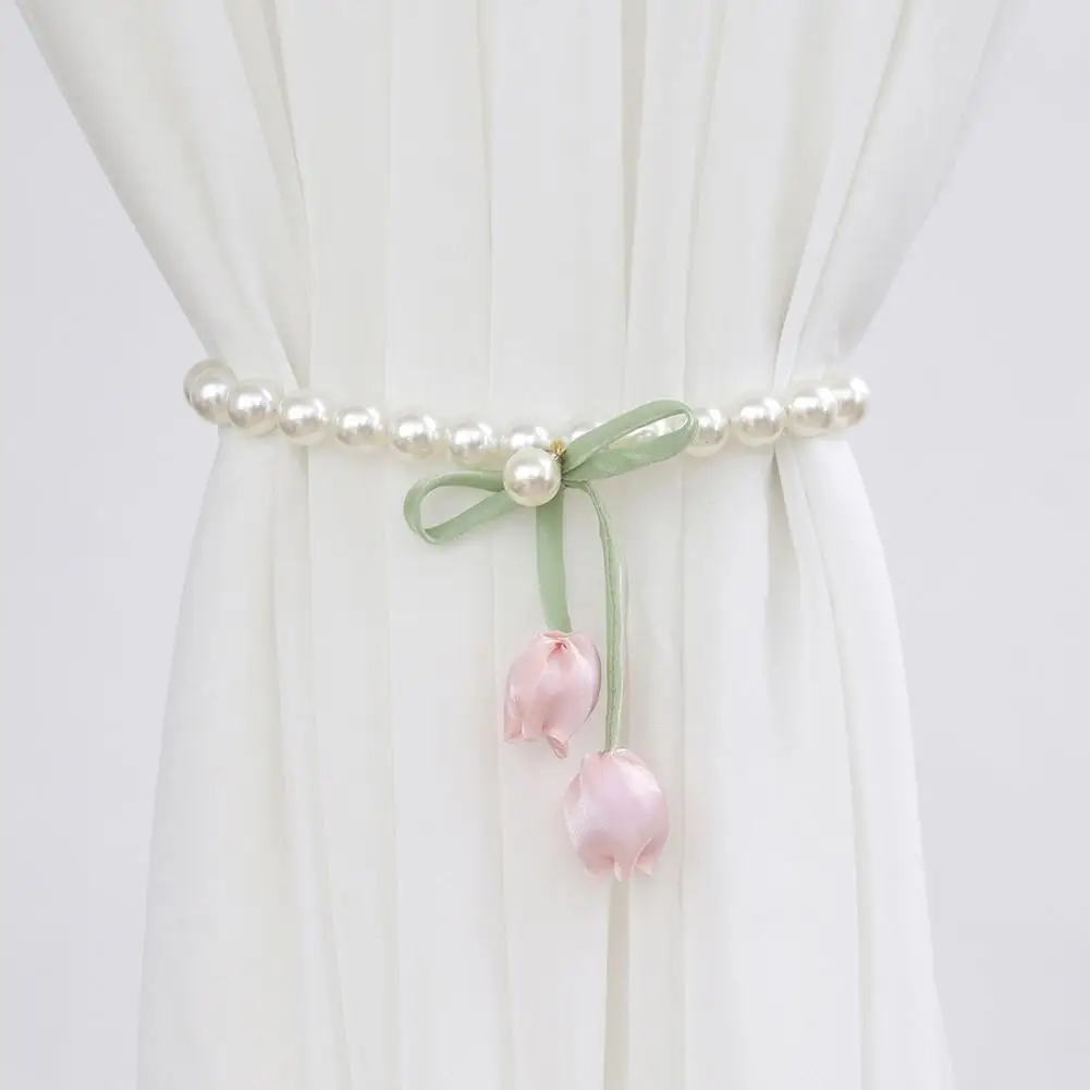 Magnetic Curtain Tiebacks, with Pearl And Tulip Buds Decor, Easy Fixing No Drilling Curtain Ties for Home Bedroom Living Room