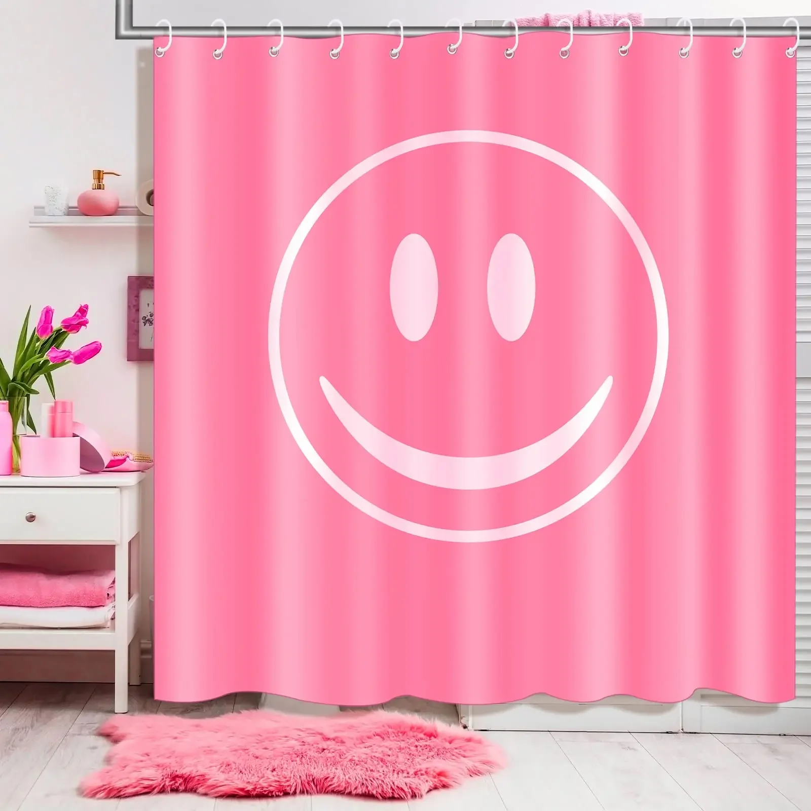 Retro Shower Curtain, 60s 70s Vintage Waterproof Polyester Fabric Bath Curtain Sets, Smile Face Pink Aesthetic Bathroom Curtains