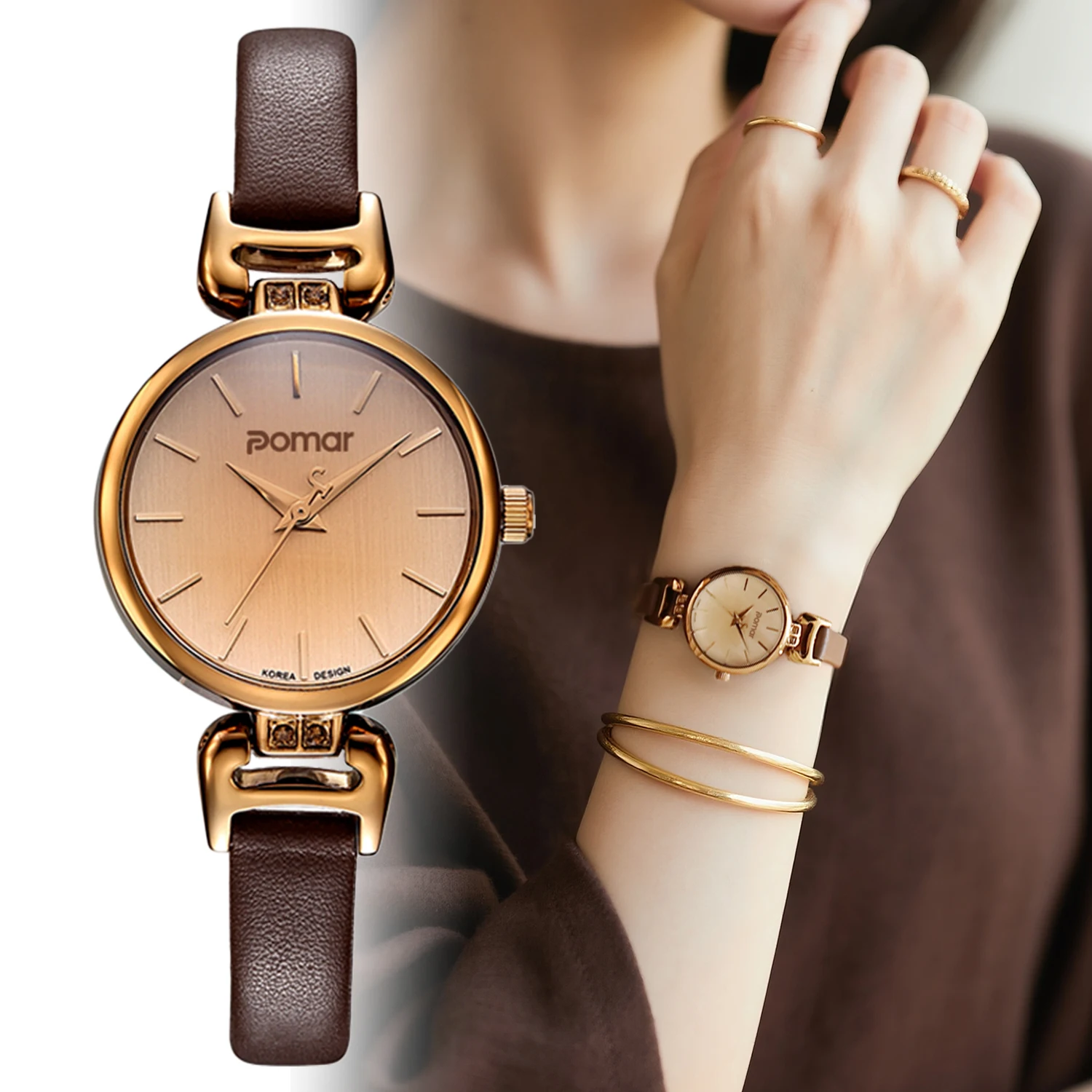 2025new ساعة نسائية أنيقة ريترو حزام من الجلد البني العتيقة النحاس الماس الديكور بسيط كوارتز مقاوم للماء ساعة نسائية