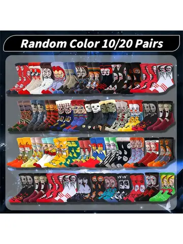 20Pairs Random Color Streetwear Hip Hop Anime Cartoon Gamer Socks Funny Crazy Happy Novelty Crew Men Women Designer