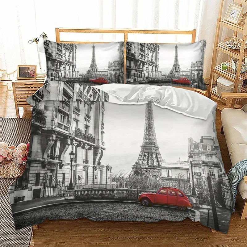 Paris Tower London City Scenery Big Ben Red Telephone Booth Bus Print Bedding Set Quilt Duvet Cover+Pillow Case US AU EU Size