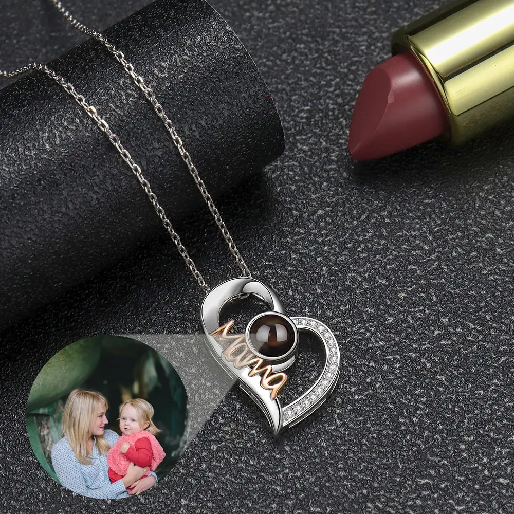 Custom Photo Necklace Personalized Projection Photo Necklace for Women Mother's Day Jewelry Mom Heart Pendant Memory Gift