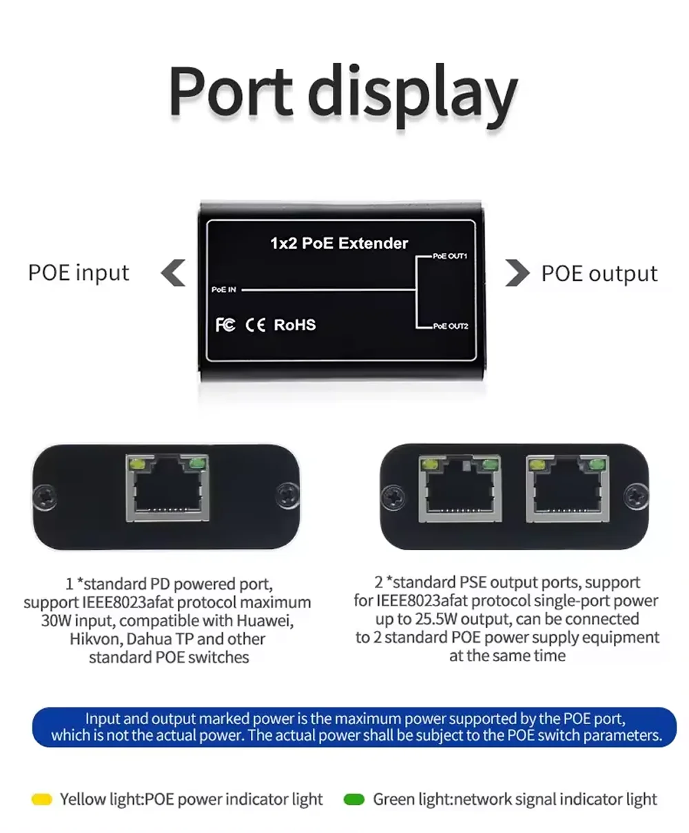 2 Port POE Extender, IEEE 802.3af/at PoE+ Standard, 10/100Mbps, POE Repeater 100 meters(328 ft), Extender PoE input: 30W