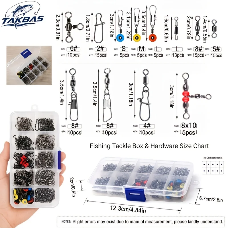 TAKBAS 118PCS Fishing Tackle Accessories Kit with Storage Box, Fishing Swivels Snap, 3 Way Swivels, Slide Sinkers, Saltwater