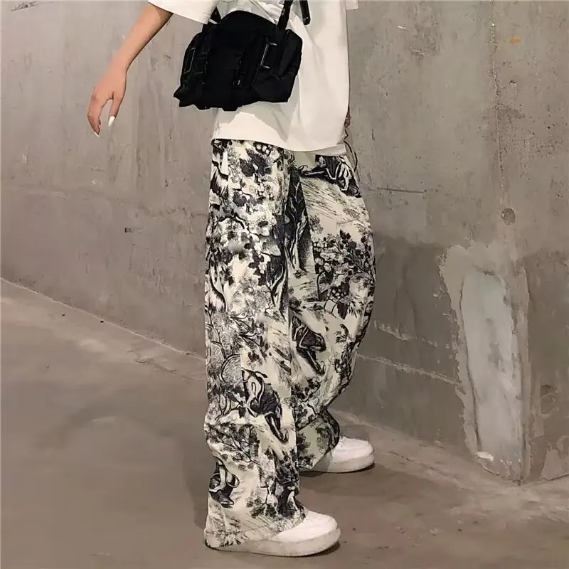

Tide brand 2024 summer new ink print elastic waist hanging casual all matching slim straight leg wide leg pants