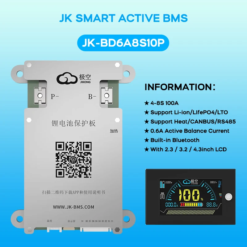 

JK-BD6A8S10P Smart BMS 100Ah for 4S 5S 6S 7S 8S 12V 24V Battery WITH 0.6A ACTIVE BALANCE bms lifepo4 Li-ion LTO Battery BT BMS