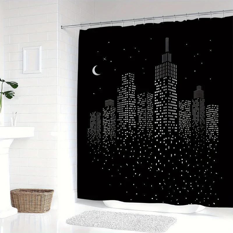 Metropolitan charm, Midnight City skyline print shower curtain-waterproof polyester, machine washable with hooks included, perfe