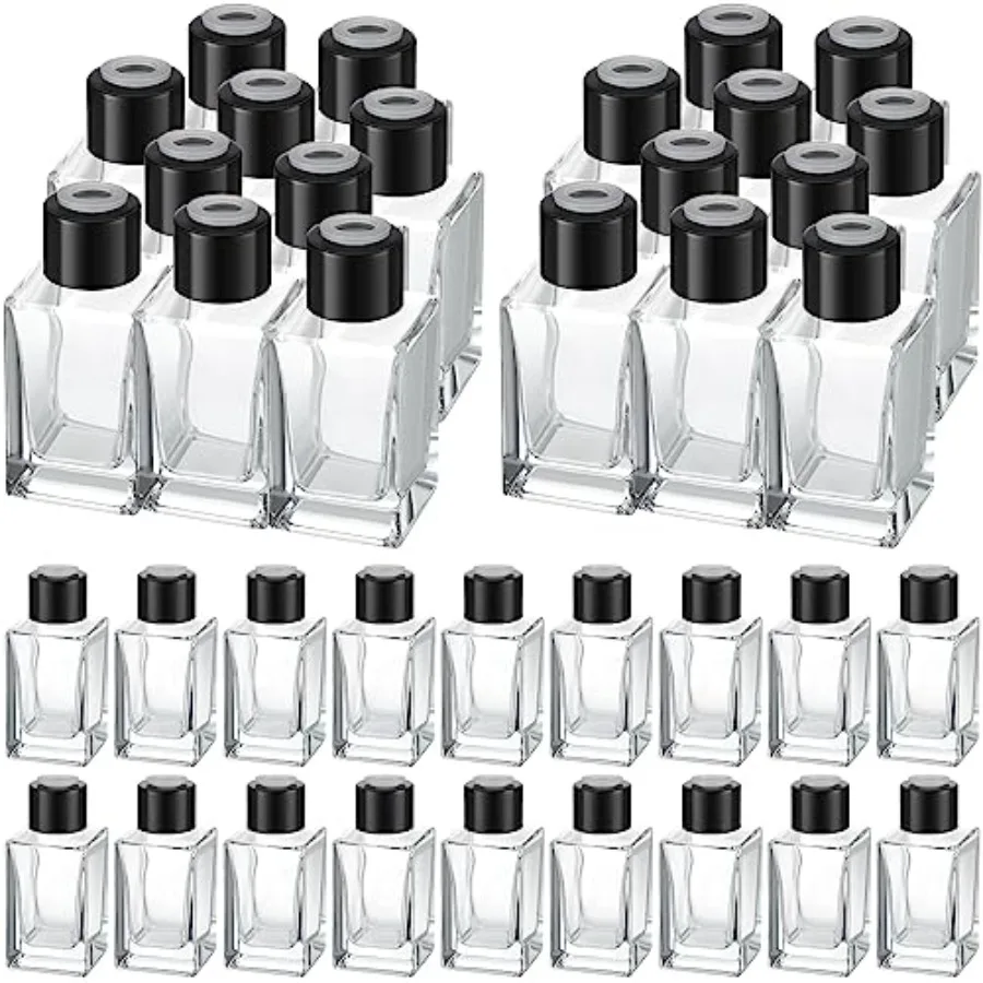 

Набор из 50 стеклянных флаконов-диффузоров для ароматических палочек, пустые прозрачные бутылки для ароматов с черными крышками, 50 мл (1,7 унции), для эфирных масел