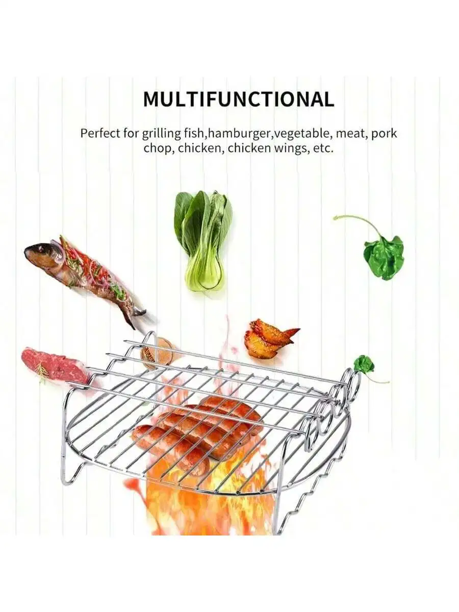 1 pc Stainless steel air fryer holder, equipped with 4 baking needles, double-layer steaming rack, convenient to use