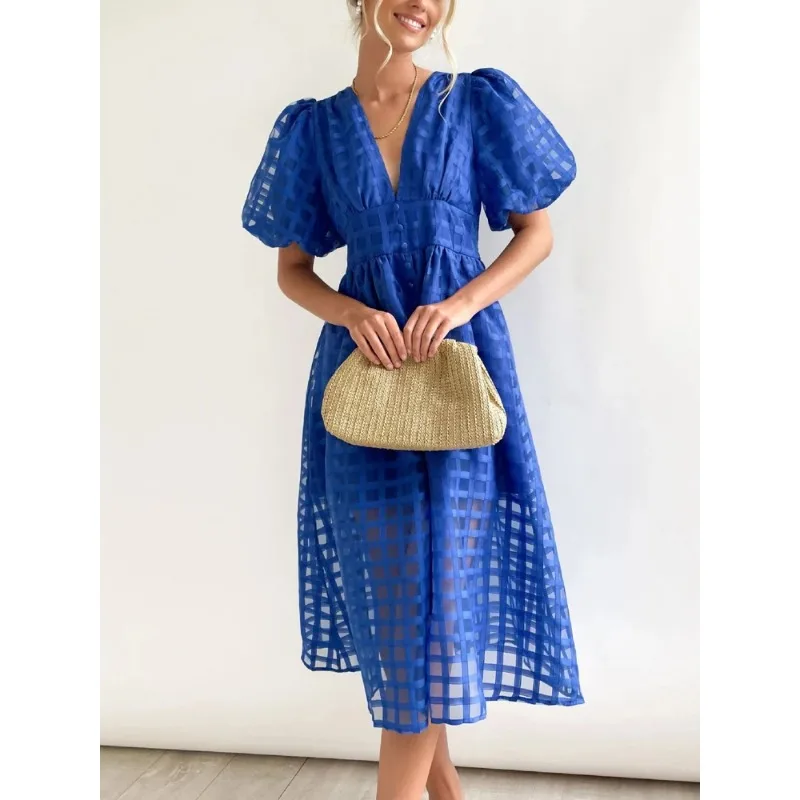 

New summer women's dress, medium and long retro perspective A-type bubble sleeve split party elegant women's dress