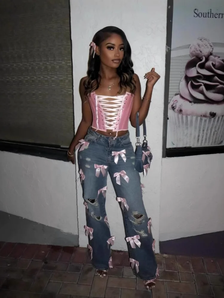 

Женские джинсы Sister Star, оптовая продажа, модные уличные брюки с бантом и дырками, универсальные темпераментные брюки для отдыха и поездок на работу