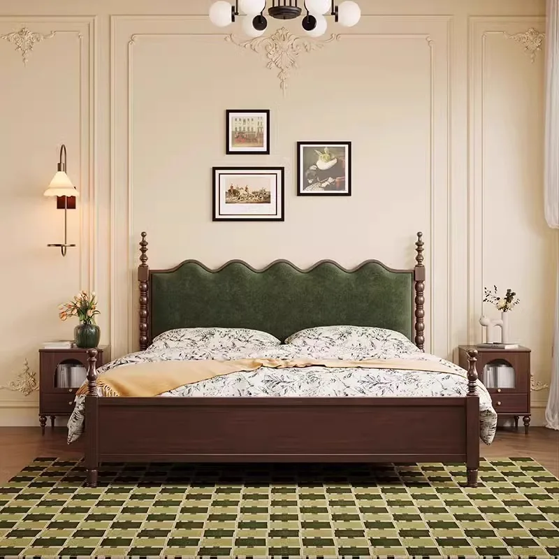 French retro solid wood bed antique double bed, wave soft bag silent bed