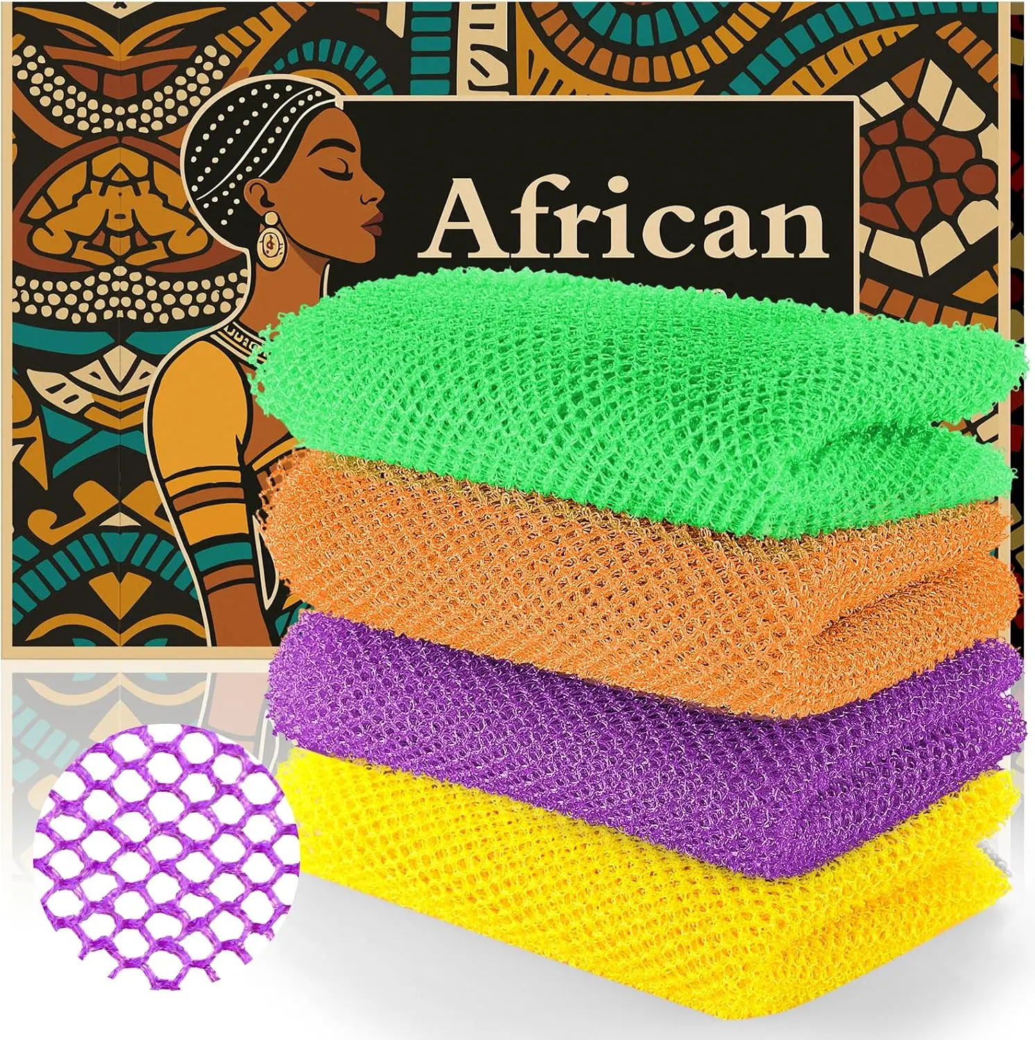 African Bath Sponge 4 Pieces - Net Exfoliator for Glowing Skin, Long-Lasting Nylon Mesh Scrubber, Gentle Enough for Daily Use (Yellow, Purple, Orange, Green)
