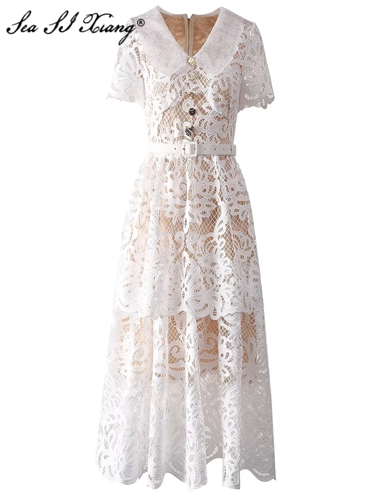

Seasixiang Fashion Summer Hollow Out Water Soluble Flowers Dress Women's Turn-down Collar Short Sleeves Sashes Vintage Dresses