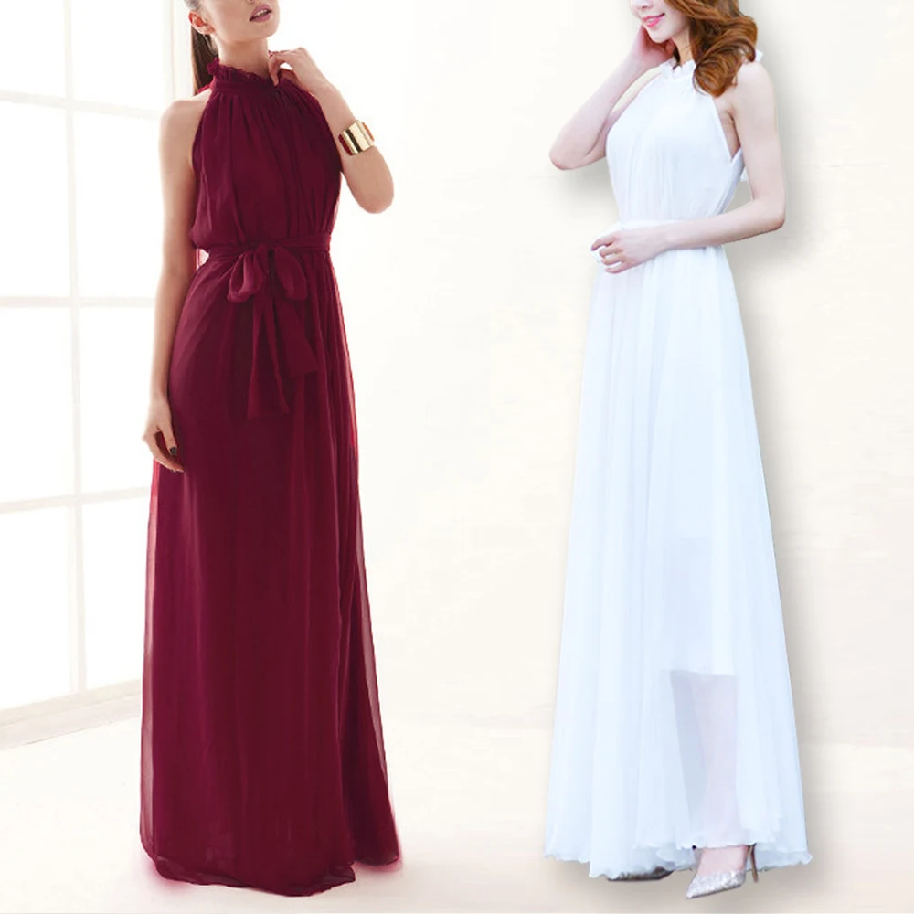 Chiffon Bandage Long Dress Boho Maxi Dress Women Sleeveless Pleated Maxi Dress Female 11 Colors Sheath Midi Party Dresses Womens