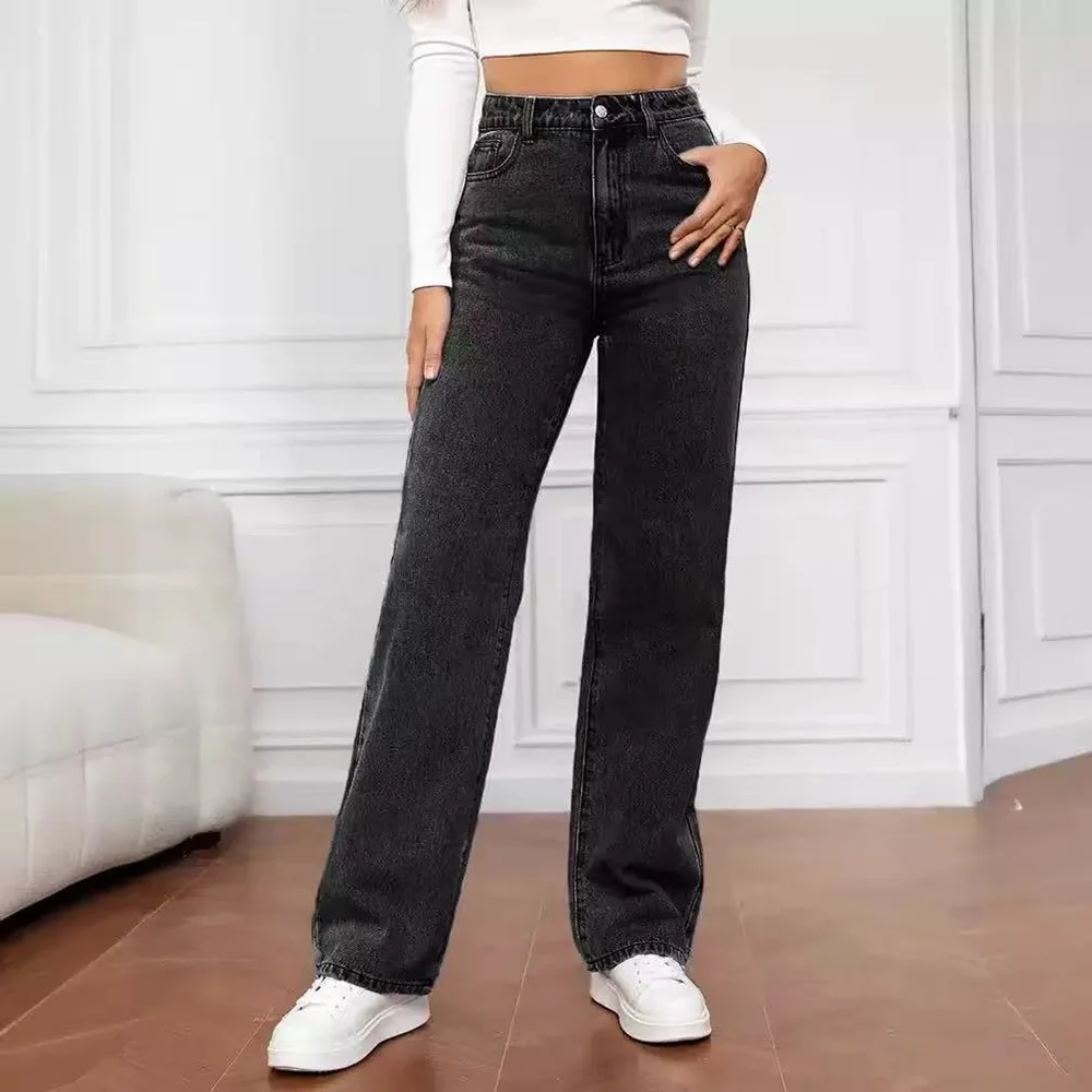 Spring Autumn European American Vintage Fashion Women's Solid Color Straight Daily Jeans Pants Female Denim Trousers Clothes