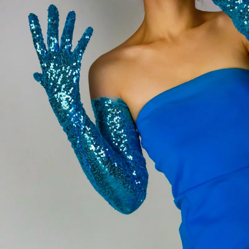 70 cm lange Pailletten-Handschuhe für Damen, Tüll-Spitzen-Mesh, halbtransparent, weiß, technisches Silber, grün, elegante Armstulpen, sexy, leicht – Detail 4