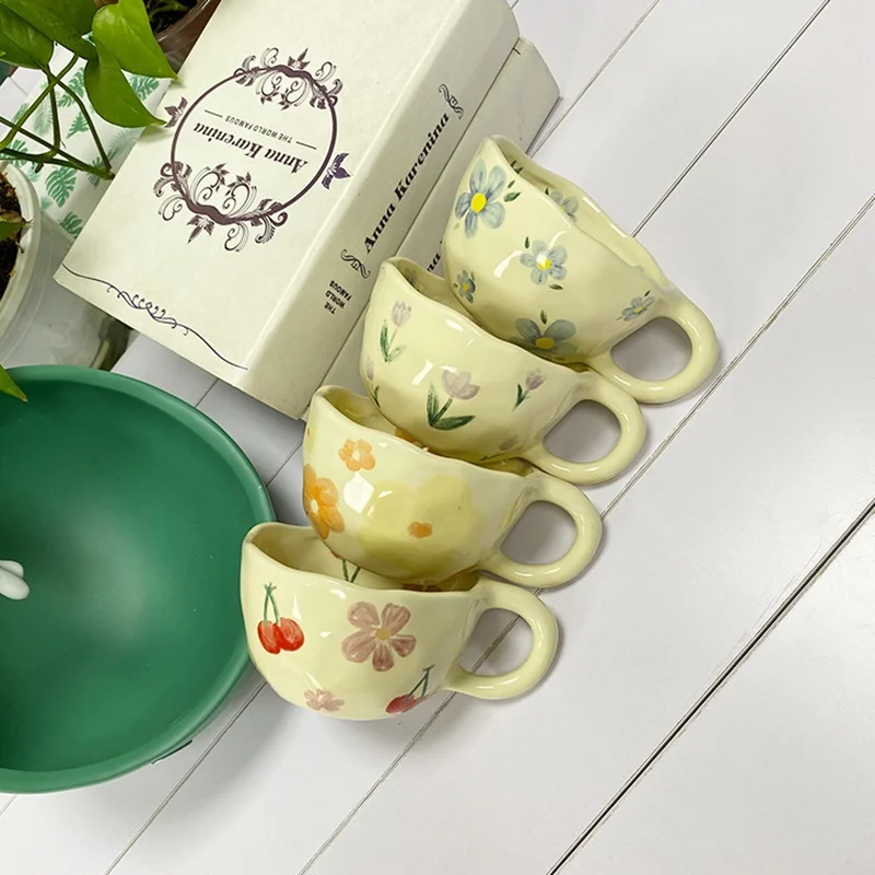 300ml 10oz ins Hand-pinch Special-shaped Ceramic Coffee Mug Creative Mug with Flower Prints Juice Milk Water Drinking Cup 1 Pc