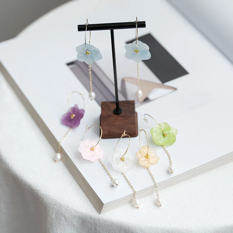 천연 수국 꽃 귀걸이 독특한 에폭시 수지 천연 꽃 후프 귀걸이 우아한 롱 귀걸이 압화 주얼리
