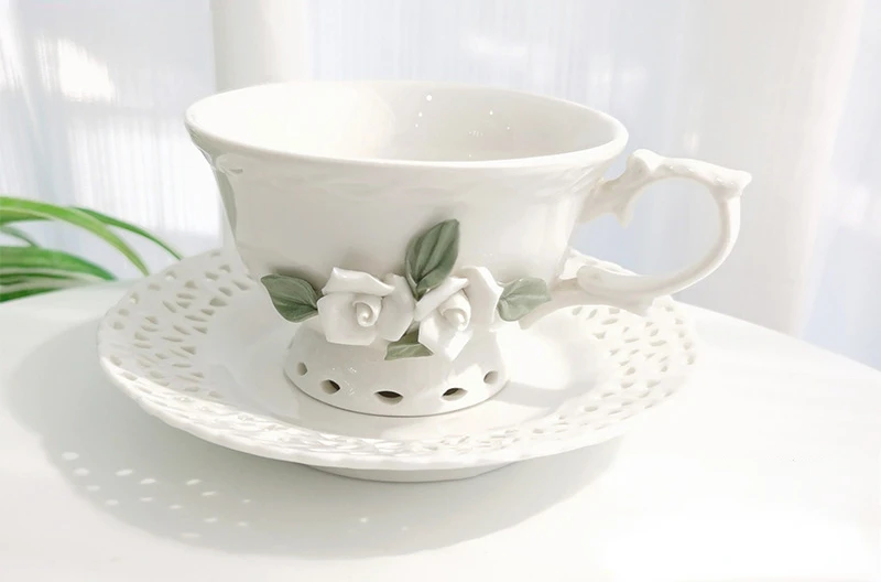 Ceramic afternoon tea cream colored hollow carved coffee cup