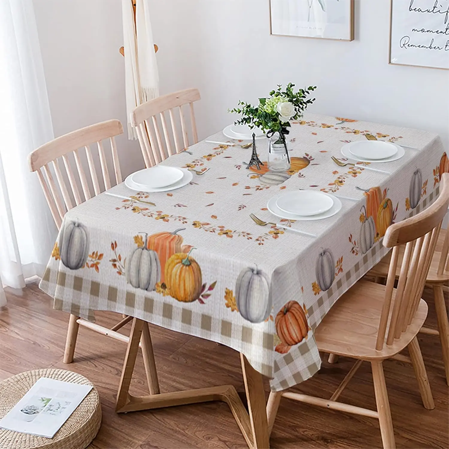Fall Pumpkins Maple Leaves Plaid Rectangle Tablecloth for Table Decor Reusable Kitchen Dining Tablecloth Autumn Decorations