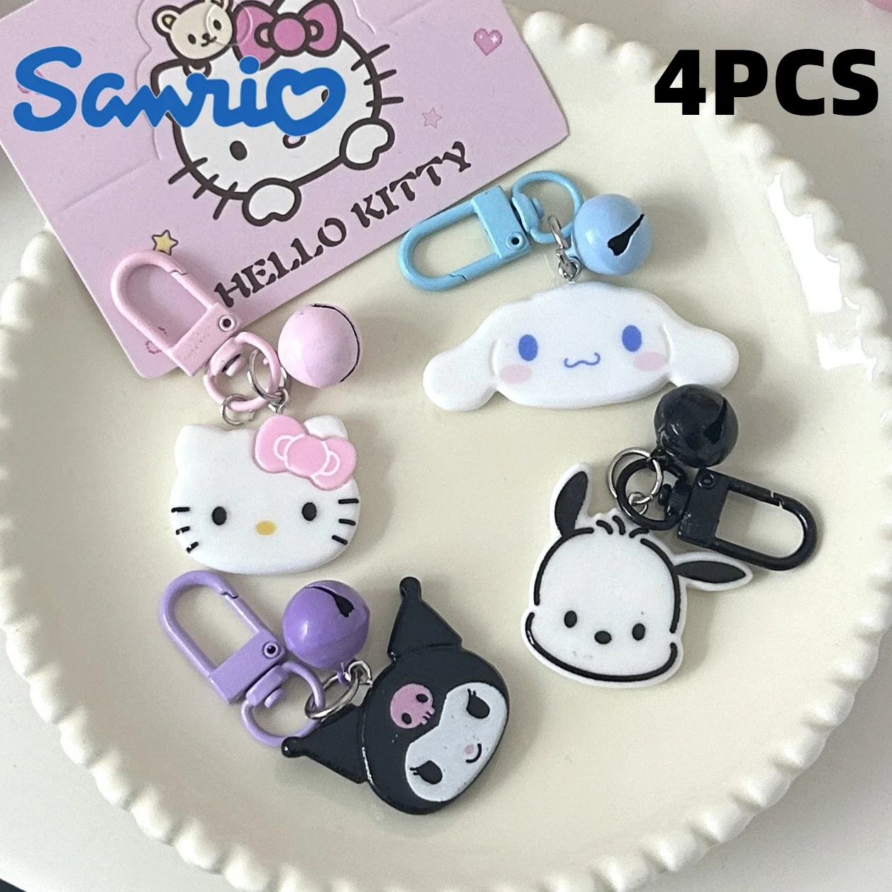 1set Creative Kawaii Bell Keychain Cute Cartoon KT Cat Cinnamoroll Kuromi Pochacco Backpack Pendant Decoration Gifts Wholesale