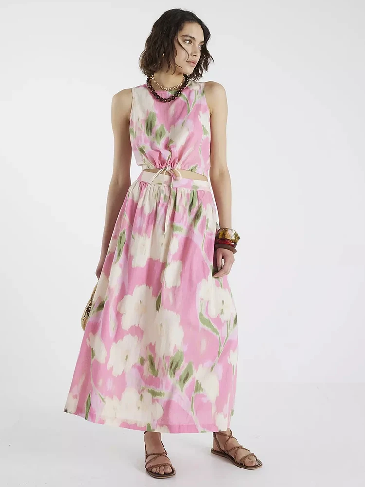 

Summer Floral Print Sleeveless Long Dress with Tie Waist – Boho Style Casual Outings Beach Vacations Two Piece Sets for Women