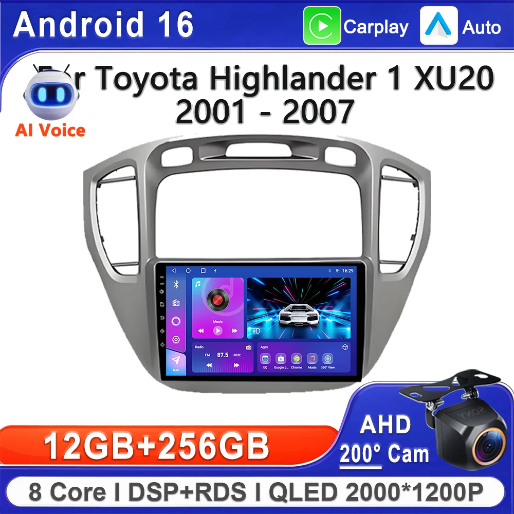 Android 16 2K Incell Screen Multimedia Stereo For Toyota Highlander 1 XU20 2001 - 2007 Plug and Play High-performance CPU HDR BT